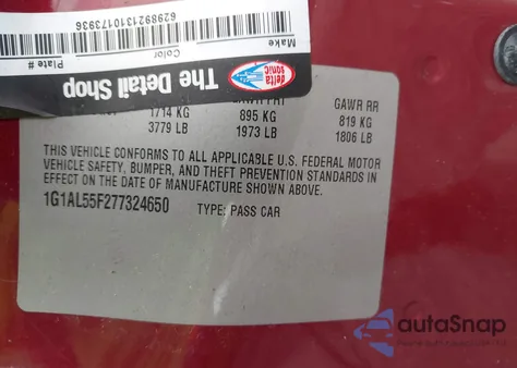 2007 Chevrolet Cobalt Lt z USA, uszkodzony, nr VIN 1G1AL55F277324650